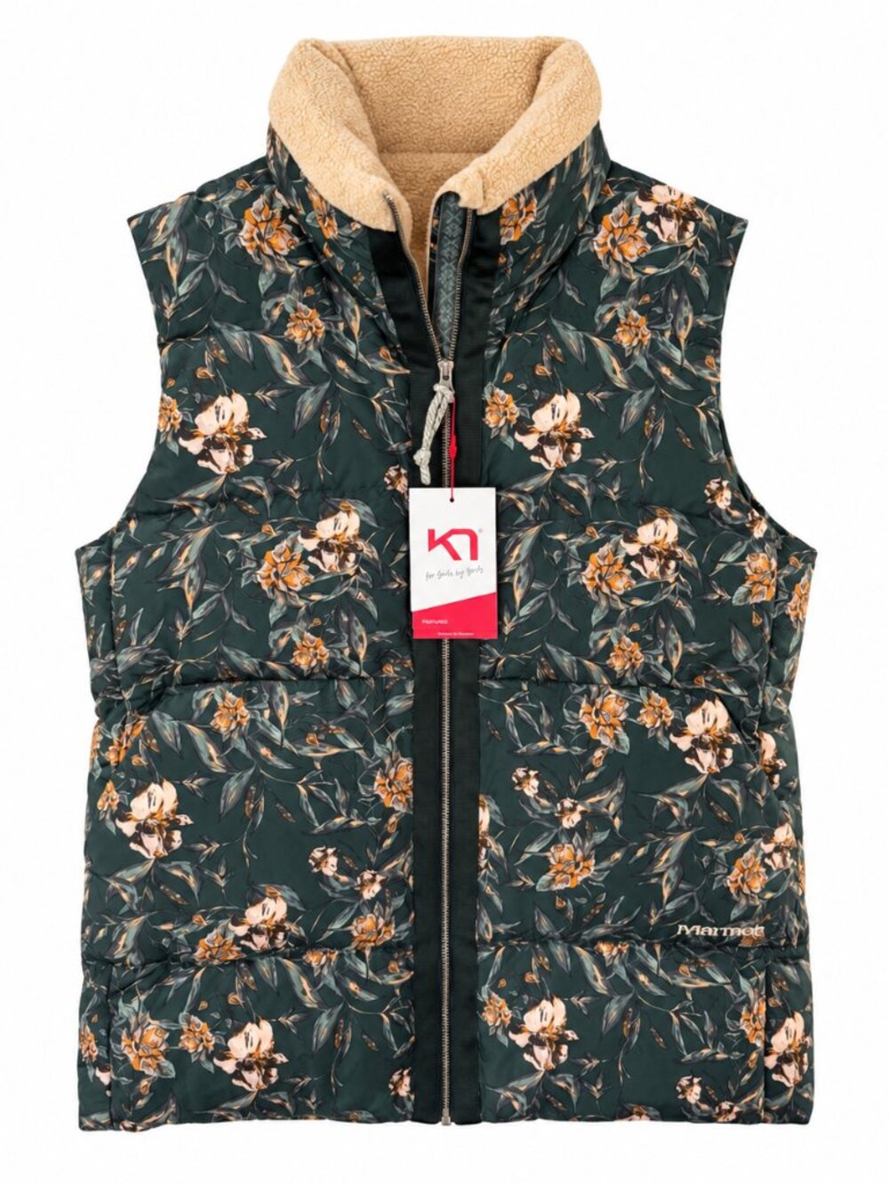 Kari Traa Ruth Down Vest Womens Large Pine Green Floral Sherpa Collar *NWT